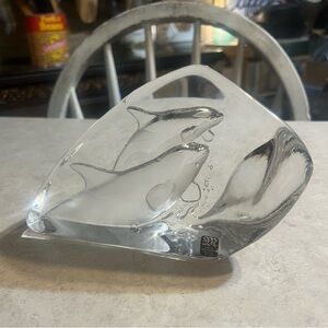 Mats Jonasson Killer Whales Lead Crystal Sculpture Paperweight Signed Sweden 3D